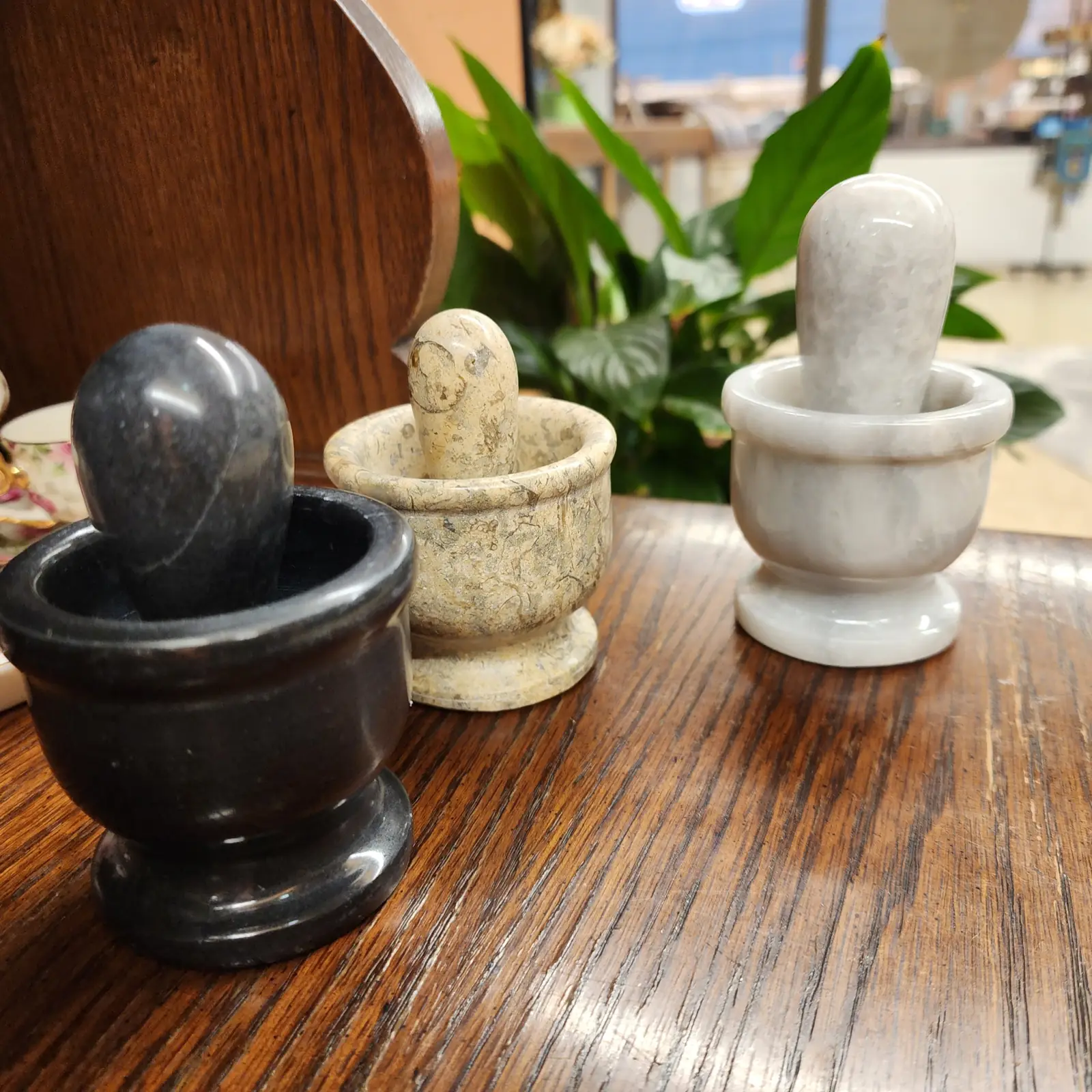 Stone mortar and pestle sets in the shop window