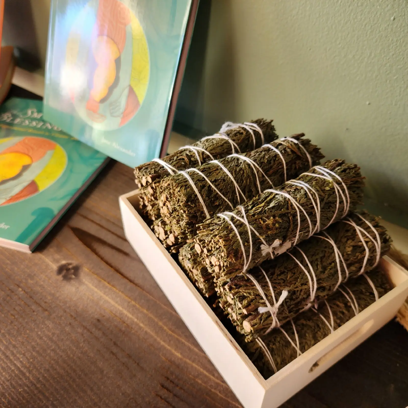 Sage bundles in a wooden box